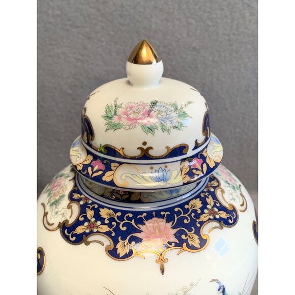 Toyo Peacock Ginger Jar With Lid Cobalt Blue & Gold Floral Design Porcelain 8" - Picture 2 of 10
